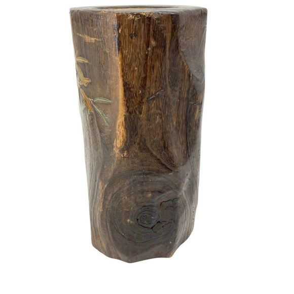 Asian Hand Carved Wood Brush Pot Vase Bamboo Painting 0792 - Picture 5 of 9